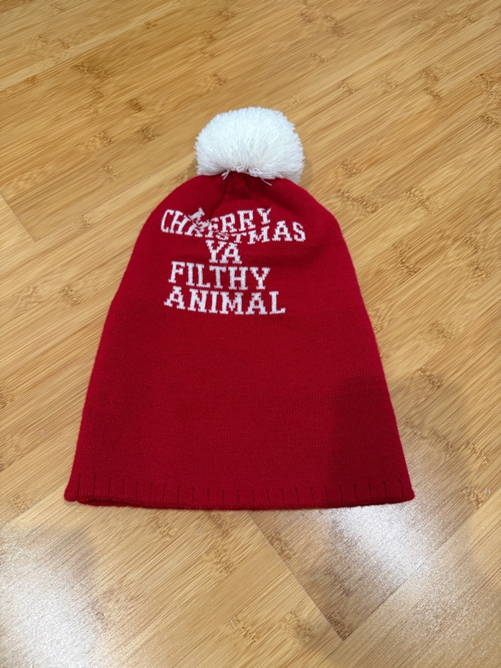 Holiday Pom Pom Beanie - Red "Merry Christmas Ya Filthy Animal" - Picture 2 of 5